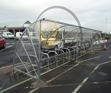  Harlan style 6 cycle shelter with custom stand spacing, for 30 bikes