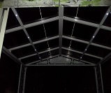 GC13 - Architectural Gazebo with duo pitch roof, feature trellis and tinted roof sheeting, view from inside showing feature LED lighting