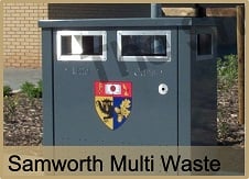 BI03 - Samworth multi waste litter, six apertures, stainless steel dressings.Size 530mm x 990mm x 1015mm high. Capacity 2 x 120 ltr, with optional custom logo. Guide price with single colour finish £706.35