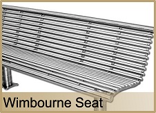 SB26 - Wimbourne Seat, grade 304 stainless steel satin finish, 1800mm long, 780mm high. Guide price £1135.70. (£644.03 in single colour mild steel). Also available as a curved seat, £713.28 in single colour mild steel, £1204.95 in grade 304 stainless steel 