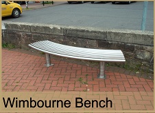 SB27 - Wimbourne curved bench in grade 304 stainless steel, 1800mm long, 450mm above ground, 480mm wide. Guide price £947.34 Also available in single colour mild steel at £608.02.